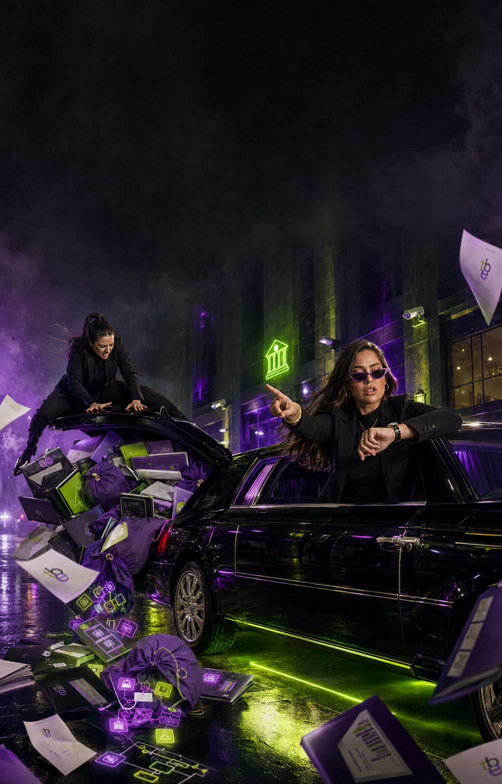 Night getaway scene, black car spilling neon purple and green branding assets