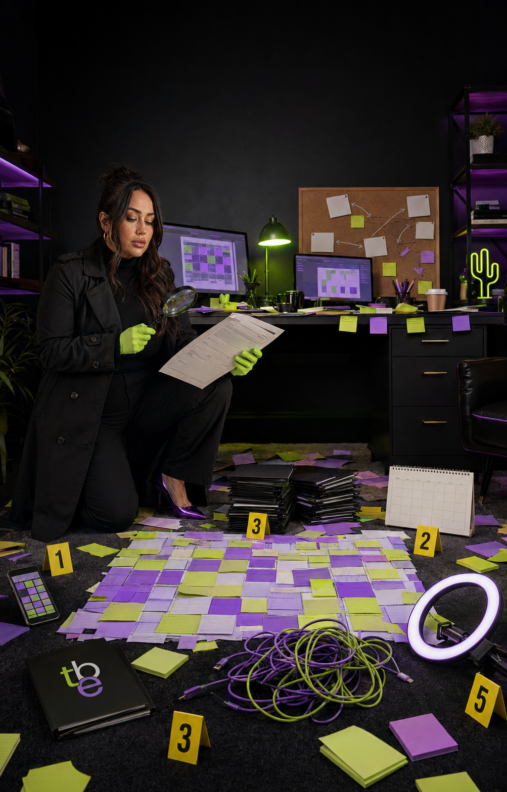 Detective examining an evidence board of sticky notes mapping a content plan